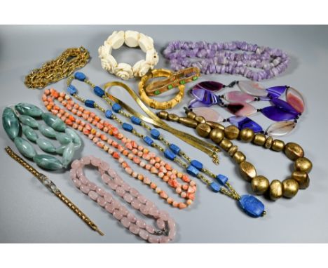 A collection of vintage and later bead necklaces including rose quartz, tumbled quartz, glass, etc to/w bracelets (box) 