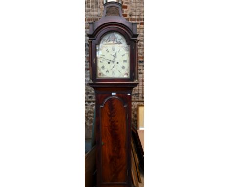 A Georgian flame mahogany longcase clock, the 8-day movement with painted arched dial having subsidiary seconds and date, 224