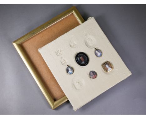 A group of portrait miniatures in frame comprising a Georgian oval portrait miniature on ivory of a military gentleman, unsig
