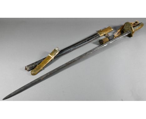 An antique Naval officer's sword, the 79.5 cm slightly curved blade with etched decoration, solid brass folding guard with fo
