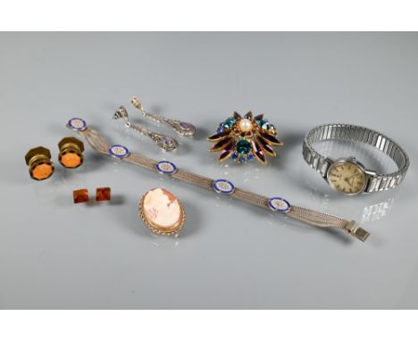Mixed jewellery including vintage Sphinx paste flower brooch, white metal stamped 925 and blue enamel bracelet, cameo in 9ct 