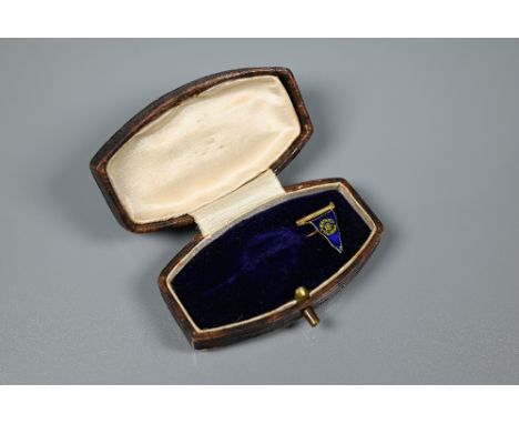 A 9ct pennant stick pin in blue enamel, cased 