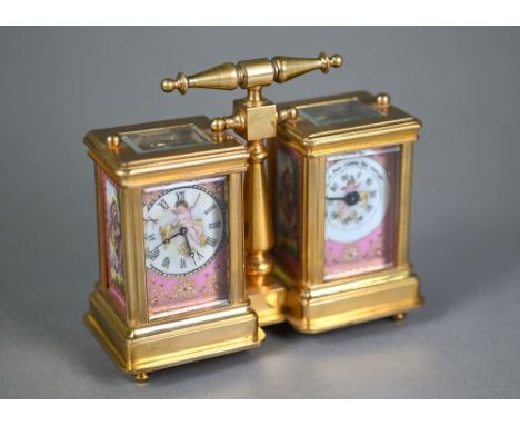 A traditional French lacquered brass carriage clock and barometer pair, with transfer printed pink porcelain panels, 10 cm h 
