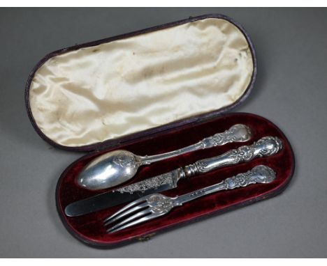 A Victorian cased silver Christening knife, spoon &amp; fork, the knife with silver blade and loaded handle (a/f), London 184