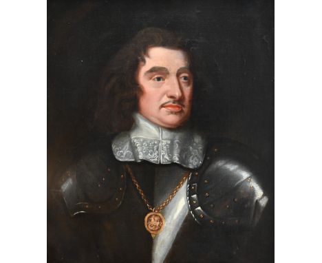 19th century English school - Portrait of a Cromwellian gentleman with shoulder armour plates and medallion around his neck, 