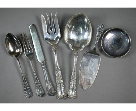 A US Tiffany &amp; Co. Sterling Christening knife, fork and spoon set, to/w a Gorham Sterling 'Buttercup' pattern serving spo