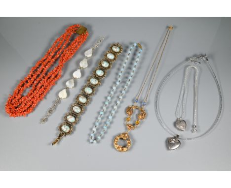 Mixed vintage jewellery including gilt metal necklace, stick coral necklace, mother of pearl set bracelet, gilt metal bracele