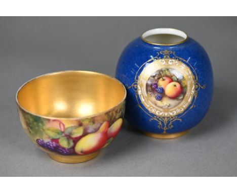 A Royal Worcester small bowl painted with fruit, signed AG Moseley (George), 1928, 8 cm diameter, to/w a globular vase with f