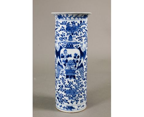 A 19th century Chinese cylindrical sleeve vase with four-character Kangxi mark but late Qing dynasty, painted in tones of und
