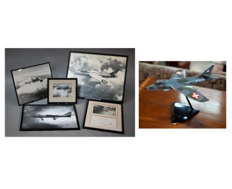 A Hawker presentation model of a Hawker Hunter jet, the stand with dedication plate to Leonard Pugh, from Test Pilot Bill Bed