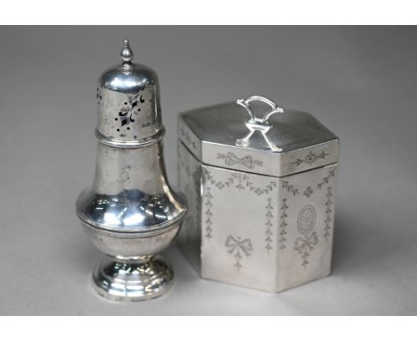 A late Victorian/Edwardian Sheraton Revival silver tea caddy of elongated octagonal form with engraved decoration, George Uni