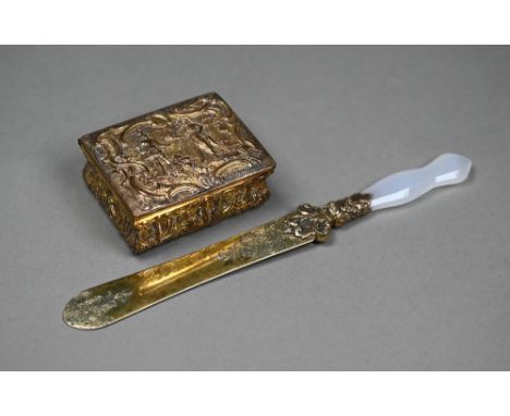 An early Victorian silver gilt paper-knife with engraved blade, foliate chased ferrule and chalcedony handle, Thomas Diller, 