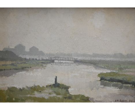 R R Scott - View from Blythburgh, Suffolk, oil on board, signed lower right and dated '80, 24x 34 cm&nbsp; Good condition 