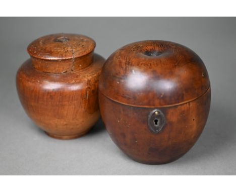A Georgian turned wood tea caddy, modelled as an apple, 11 cm high, to/w a turned fruitwood jar and cover (2)  Caddy has worm