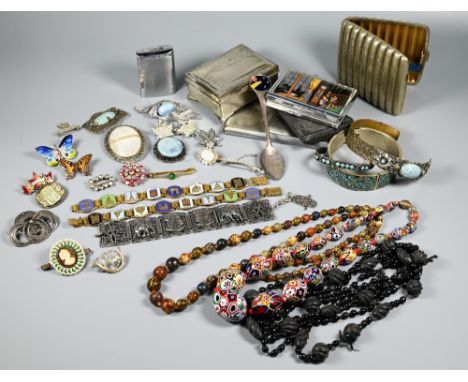 A Japanese lacquer jewel box with quantity of vintage and later jewellery including beads, brooches, bangles etc 