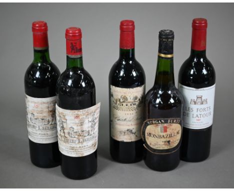 Five bottles of various vintage red wines; 1987 Les Forts De Latour Pauillac; two bottles of 1982 Chateaux Lagrange Saint Jul