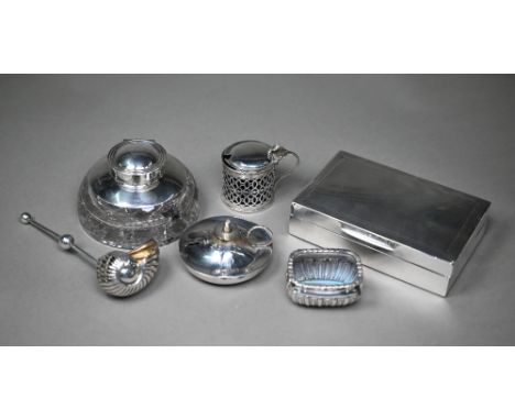 An engine-turned cigarette case, London 1929, to/w a silver-mounted glass inkwell/paperweight, Birmingham 1911, a novelty sif