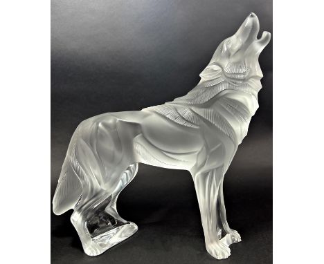 A Lalique frosted glass Howling Wolf, with an engraved signature Lalique R France No w147, 26cm high, in a moulded foam prote