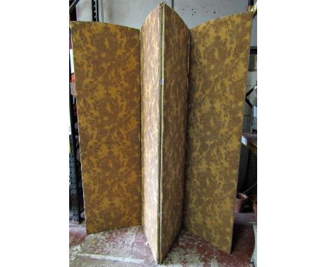 A large floorstanding fourfold screen/room divider with upholstered slightly arched panels with repeating floral pattern, 246