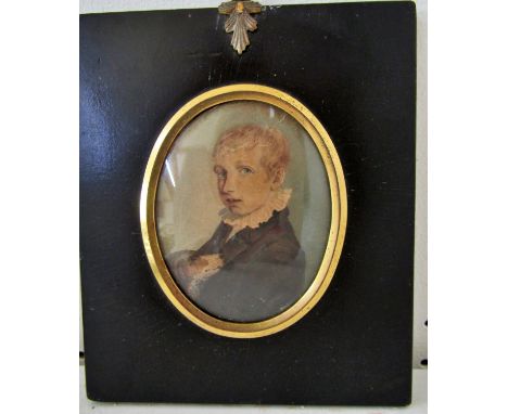 Group of Seven Miniature Paintings and Prints to Include: 18th Century Watercolour Portrait of a Boy with Dog, indistinctly t