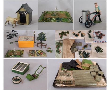 Britains Miniature Garden collection including a variety  of trees, flowers, walling, flower beds, ornamental pond with Peter