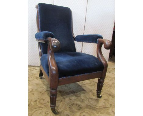 Substantial Victorian drawing room/library chair with mahogany showwood frame, upholstered seat, back and arm panel 