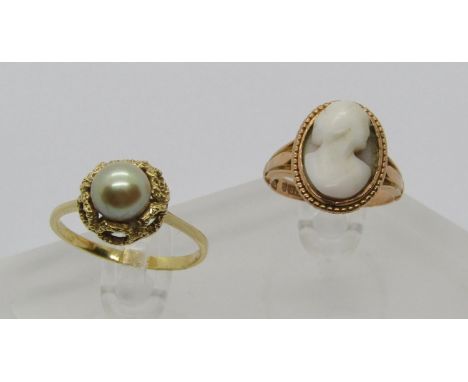 14k pearl dress ring, size R and a 9ct cameo ring, size L/M, 6.1g total 
