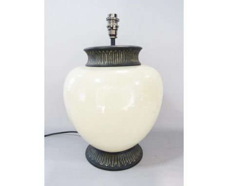 A crackle glazed spherical china lamp with a flared reeded base, 38cm max. 