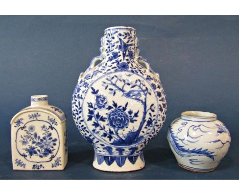 Three 18th/19th century Chinese blue and white porcelain items including: tea caddy, moon flask and jarlet with dragon decora