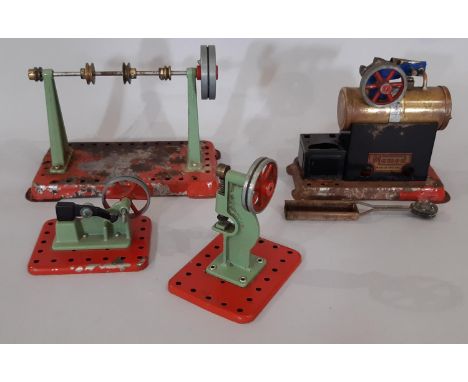 Small Mamod stationary steam engine height 12cm with spirit burner and fly wheel (no chimney), together with associated Mamod