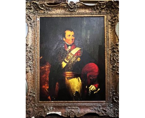 19th Century Gentleman in Military Uniform - Large 20th century oleograph print on canvas with craquelure finish of a paintin
