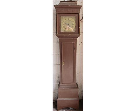 A Georgian longcase clock with painted trunk and hood enclosing an 11 inch square brass dial with thirty hour movement engrav