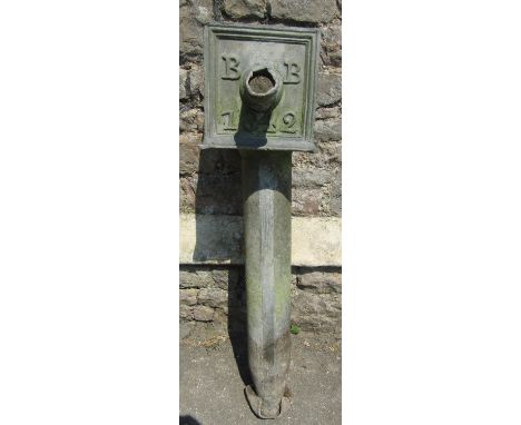 A 19th century lead drain water hopper and pipe initialled BB and dated 1842, 102 cm high 