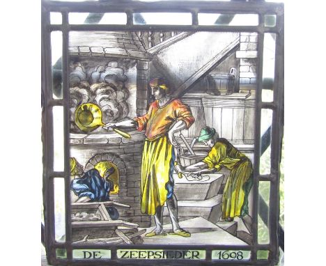 A leaded stained glass panel “De Zeepsieder 1698” (The Soap Maker) 28cm x 24cm. 