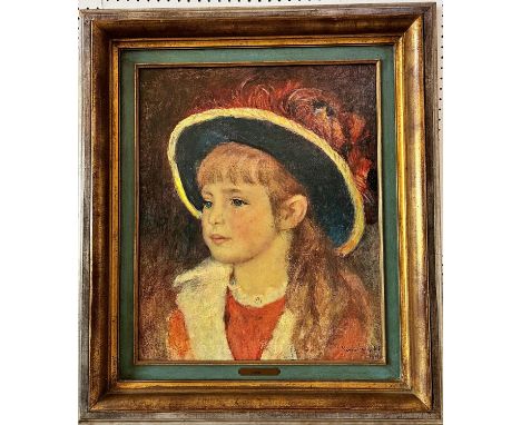 After Pierre-Auguste Renoir (1841-1919) - 'Portrait of a Young Girl in a Blue Hat', 20th century oleograph print on canvas wi