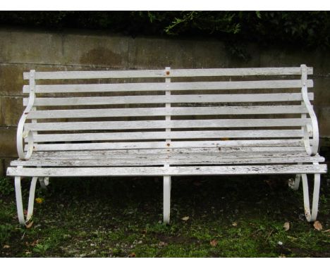 A vintage sprung steel garden bench with wooden lathes and painted finish, 185 cm long 