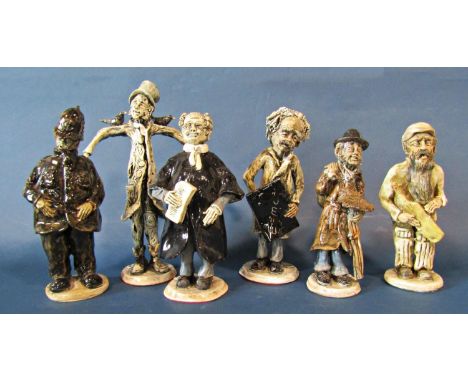 Six pottery figures by Norman Underhill (Cornish) characters including barrister, cricketer, sweep, policeman, etc, average h