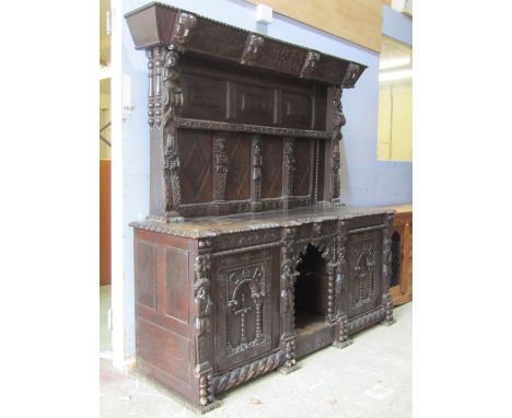 Charles I revival oak dresser/side cupboard, constructed from 19th century and earlier timbers, the lower section enclosed by