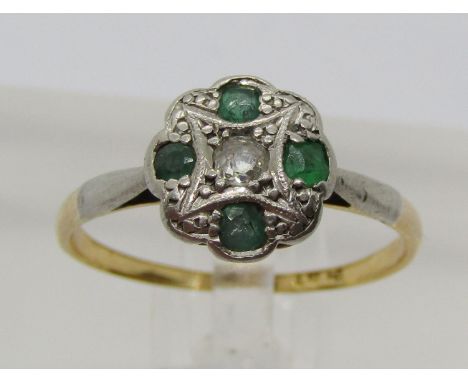 18ct emerald and diamond cluster ring, size J/K, 1.7g 