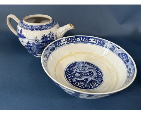 A Chinese Blue and White Porcelain Bowl and Teapot to Include: Early 20th century bowl with four character Xuantong mark unde