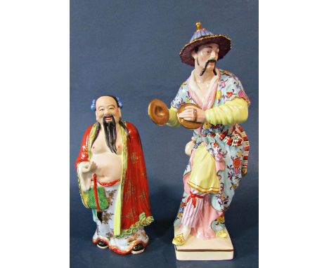 Two hand-painted porcelain Chinoiserie figures of men in traditional dress, one holding cymbals, tallest height approx: 42.5 