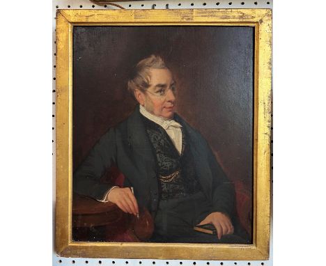 Portrait of A Gentleman Holding Book and Pen (19th century), oil on panel, unsigned, 30 x 25 cm, framed 