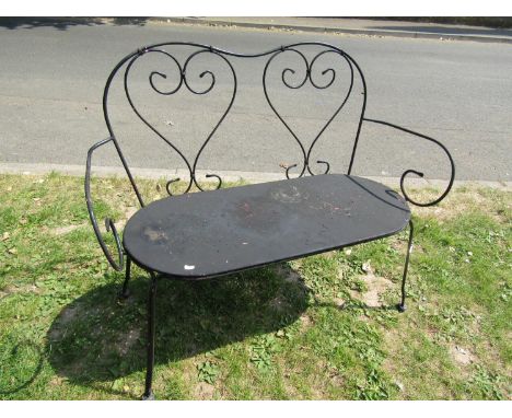 A light steel two seat garden bench with simple open scrollwork detail, 107 cm wide 