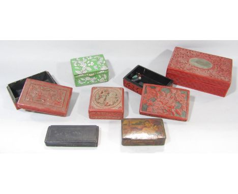 Four Chinese red carved cinnabar boxes, a cloisonné green floral box, an 18th century lacquered snuff box with a romantic bed