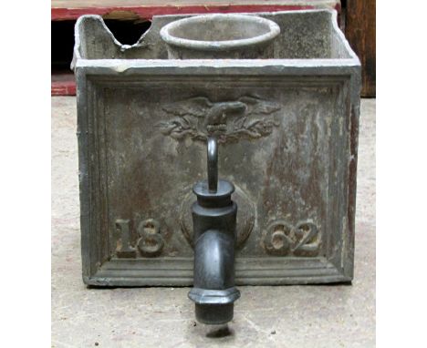 A 19th century lead hopper dated 1862, American with heavy gauge tap 29 cm wide x 21 cm deep x 25 cm high 