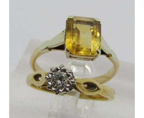 18ct illusion set diamond solitaire ring, size K, 2.7g and an Art Deco style 9ct citrine ring (stone af), size L/M, 2.2g 