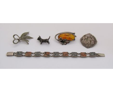 Silver hardstone panel bracelet, maker Joseph Cook &amp; Son, Birmingham 1916, together with four silver / white metal brooch