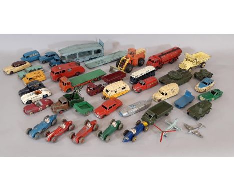 Collection of play worn Dinky model vehicles including racing cars, military tanks, cars, tankers, Yale Tractor Shovel etc, a