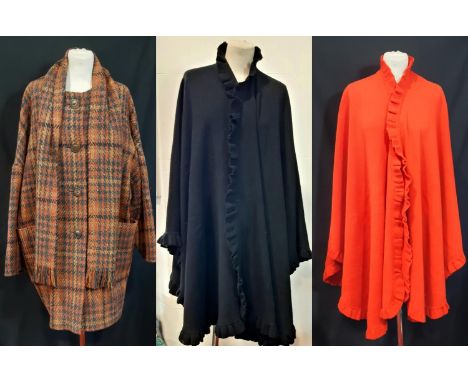 Ladies clothes by Aquascutum comprising a woollen coat in dog-tooth check style tweed with matching scarf,  and 2 Scottish ma
