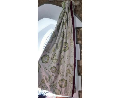 1 pair full length curtains in leaf patterned fabric by Manuel Canovas, lined and thermal lined with triple pleat heading. Ap